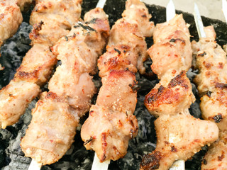 Shish kebab on metal sticks roasted on the grill