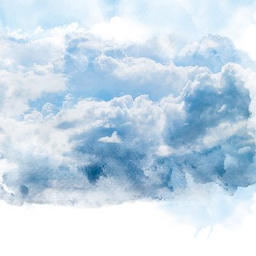 Blue sky with white cloud. Artistic watercolor painting (retouch) abstract background.