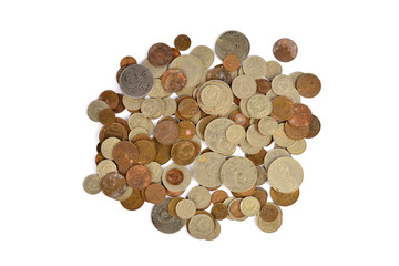 A pile of scattered coins on white background