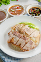 Crispy pork with Hainanese chicken rice