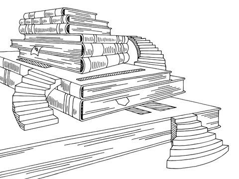 Books stairs graphic black white sketch illustration vector