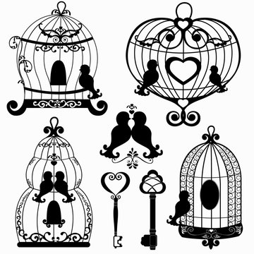 set with cages and birds