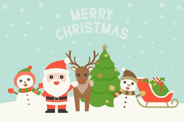 Merry Christmas typography and  cute character such as Santa, reindeer, snowman, sleigh with gift boxes, flat design