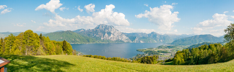 panorama of mount Traunstein and lake Traunsee in Austria