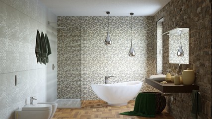 Bagno con vasca mosaico e pietra a vista