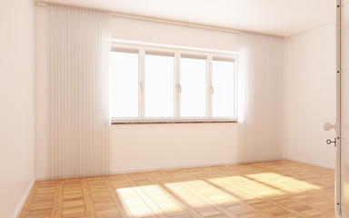 Fototapeta premium Beautiful white and bright room with sun light passing through, decorated with white clean curtain and wooden parquet floor, Vintage style, 3d illustration, 3d render.