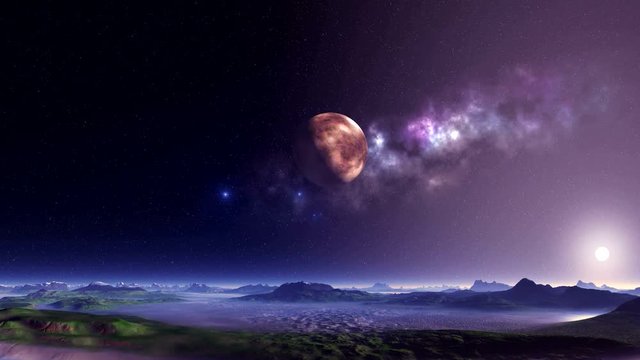 Alien Planet and UFO. On a dark starry sky a planet against the background of a nebula. Bright blue objects (ufo) slowly fly. Over the hazy horizon a bright setting sun. Below them are low mountains.