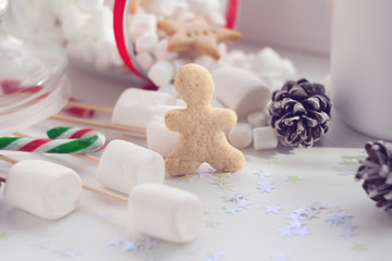 Homemade cookies for the feast of Santa Claus . Glass of milk and gingerbread man waiting for Christmas night. Sweets, xmas, new year concept