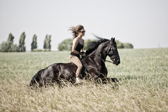 People: Woman riding a black horse in a agrass meadow