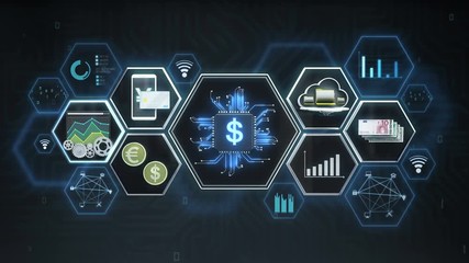 Fin-tech icon, Financial technology and various information icon. 4K size movie. - Powered by Adobe