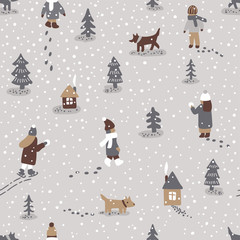 Hand drawn vector fun winter time illustration. Seamless pattern with people dogs, trees and houses - 178316370