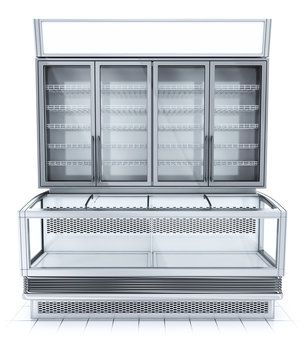 Refrigerated showcase front view. 3d image isolated on white.