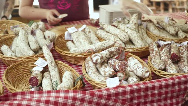 Close Up. Traditional French pork butchery Dry Auvergne salami