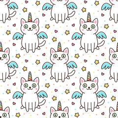 Cute seamless pattern with white cat in a unicorn costume with wings and rainbow horn. It can be used for packaging, wrapping paper, textile and etc.