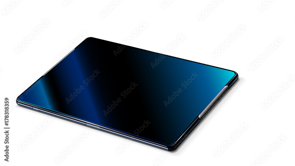 Poster Empty black abstract tablet isolated on a white background. Perspective view. Realistic vector. The tablet lies on the table with a digital screen up. mock up.