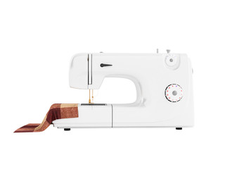 Modern home sewing machine with workpiece for sewing white side view 3d render on white background no shadow