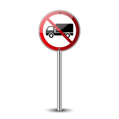 No truck sign. Forbidden red road sign isolated on white background. Glossy black no truck icon. Truck restriction symbol. No parking truck. No lorry. Guidepost metal pole Vector illustration