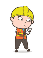 Reading Message in Mobile - Cute Cartoon Male Engineer Illustration