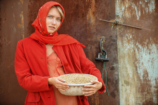 A russian blonde with blue eyes in a red kerchief is working on the farm. The concept of female beauty and perfection, russian beauty.
