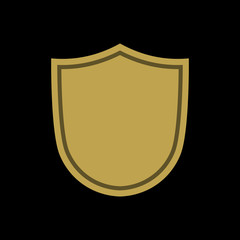 Shield shape gold icon. Simple flat logo on black background. Symbol of security, protection, safety, strong. Element badge for secure protect design emblem decoration. Vector illustration