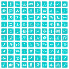 100 holidays family icons set grunge blue