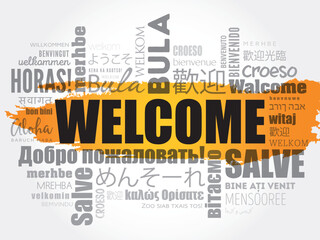 WELCOME word cloud in different languages, conceptual background