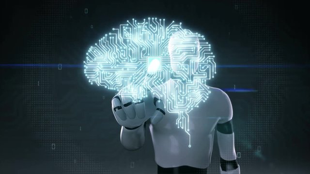 Robot, cyborg touching brain connected CPU chip circuit board, 4K size movie.grow artificial intelligence. 1. 