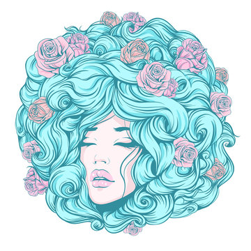 the girl face, eyes closed, long curly hair with decorative hair decorated with flowers