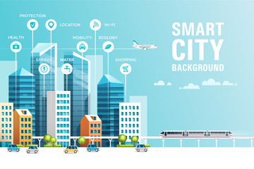Urban landscape with buildings, skyscrapers and transport traffic. Concept of smart city with different icons. Vector illustration. © faber14