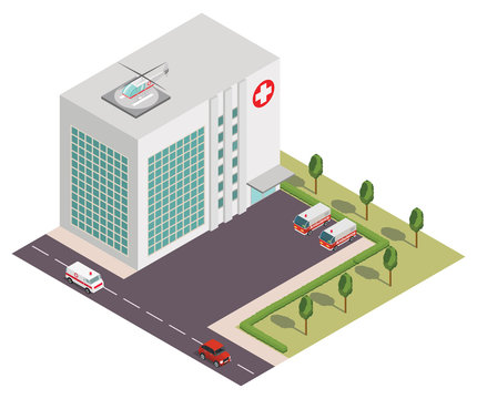 Vector isometric hospital with ambulance car, helicopter. To use as a design element in booklet medical, infographic, leaflet, banner. For games.The hospital building at the road with trees.