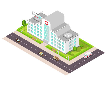 Isometric illustration with the image of hospital, the medical helicopter and an ambulance car. Building icon. Hospital and ambulance building.For games.The hospital building at the road with trees.