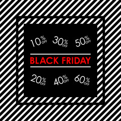 Black Friday sale banner. 10,20,30,40,50,60 percent price off sale. Vector illustration.