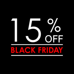 15% off. Black Friday sale and discount banner. Sales tag design template. Vector illustration.
