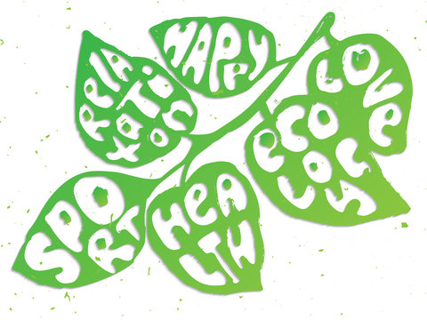 Healthy Life balanse vector concept illustration. Leaves with lettering on them about sport, health and happy life with texture