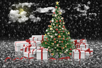 Albero di natale decorato e regali durante una nevicata..