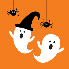 Happy Halloween ghost with black spider flat icon vector