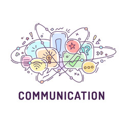 Illustration from communication icons in chat bubbles with three orbital ovals