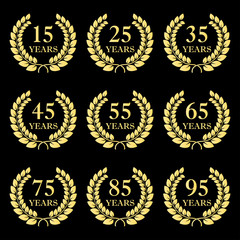 Anniversary laurel wreath icon set. 15, 25, 35, 45, 55, 65, 75, 85, 95 years. Template for congratulation design. Vector illustration.