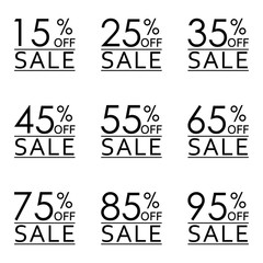 Black Friday sale and discount icon set. 15, 25, 35, 45, 55, 65, 75, 85, 95 percent off. Sales tag design template. Vector illustration.