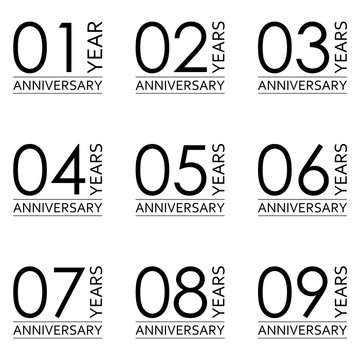Anniversary icon or label set. 1,2,3,4,5,6,7,8,9 th years celebration and congratulation emblem. Vector illustration.
