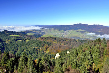 Autumn landscape with cloud inversion. Pieniny Mountains, Poland.