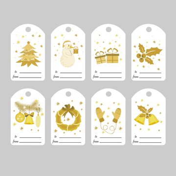 set of Christmas gift tags with bright pictures
