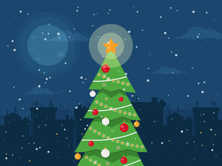 Holiday Background with Christmas Tree at Night in a City. Flat Design Style. 