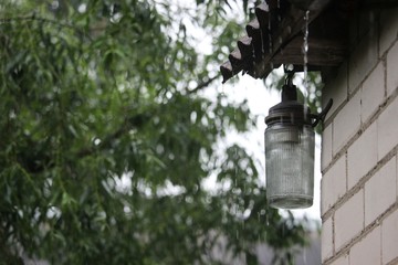 Old glass outdoor lamp under roof in the rain and a tree branches on background.