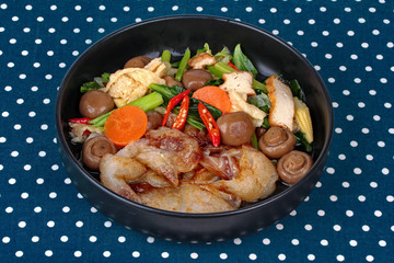 Fried big noodle topped mixed vegetables for organic food.