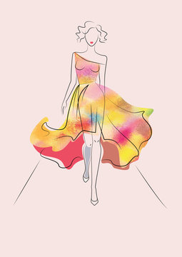 woman walking colorful dress fashion sketch clip art preview