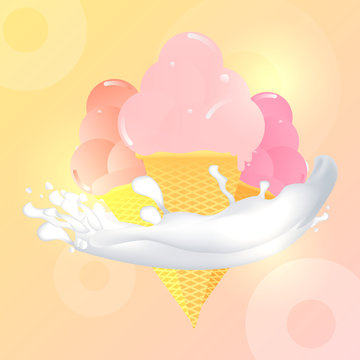 Three ice cream cones with milk splash