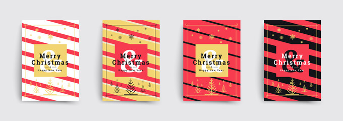 Set of christmas brochures templates. Minimal covers design with christmas tree and snow. Trendy stripes patterns. Vector backgrounds.