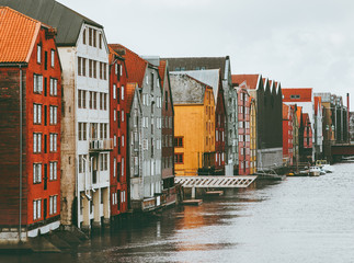 Trondheim city colorful houses in Norway cityscape scandinavian traditional wooden architecture