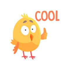 Funny cartoon comic chicken showing thumb up, positive hand gesture vector Illustration